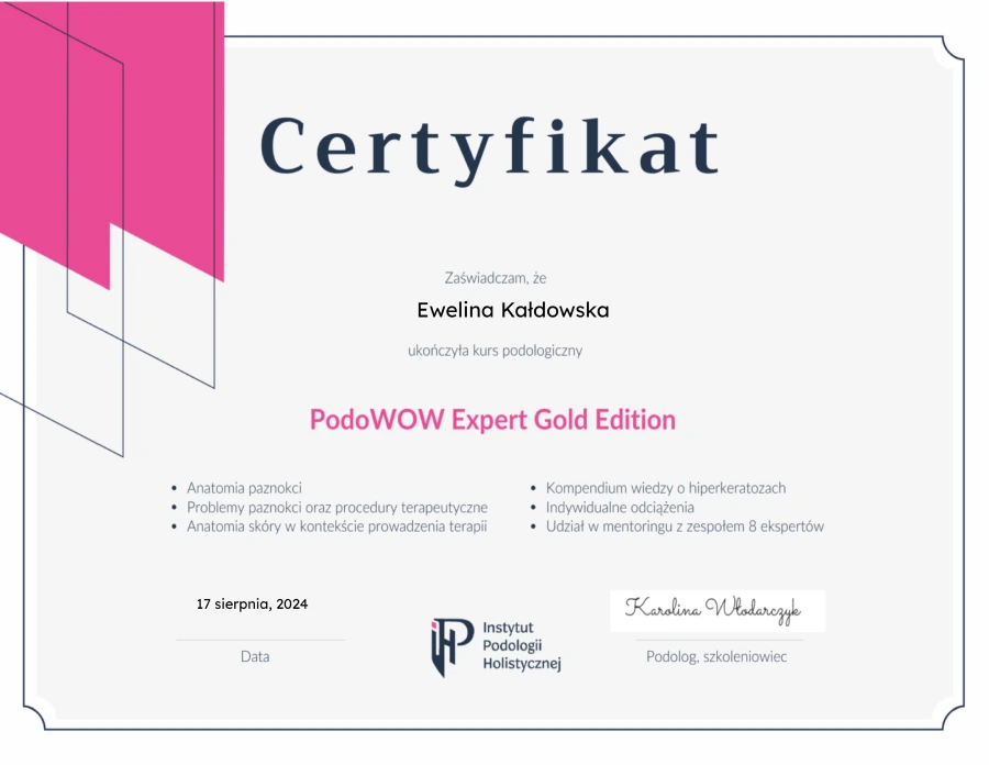 Certyfikat ze kursu "PodoWOW Expert Gold Edition"