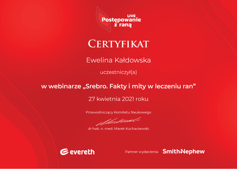 Certyfikat ze szkolenia "Srebro. Fakty i mity w leczeniu ran"