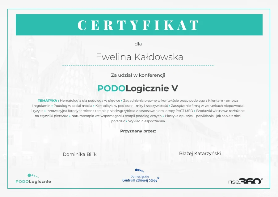 Certyfikat z szkolenia "Hematologia dla podologa w pigułce"