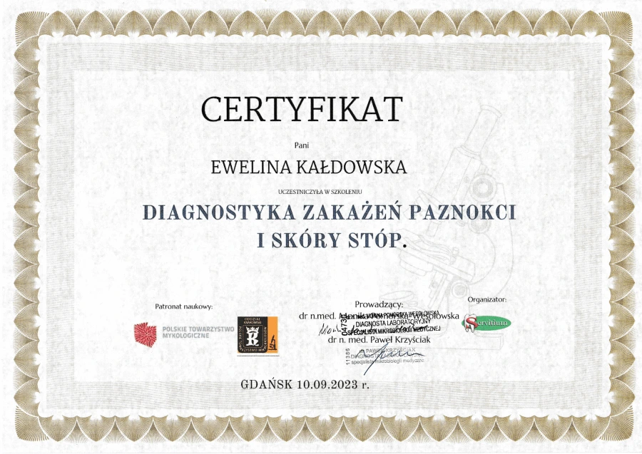Certyfikat "Diagnostyka zakażeń paznokci i skóry stóp"