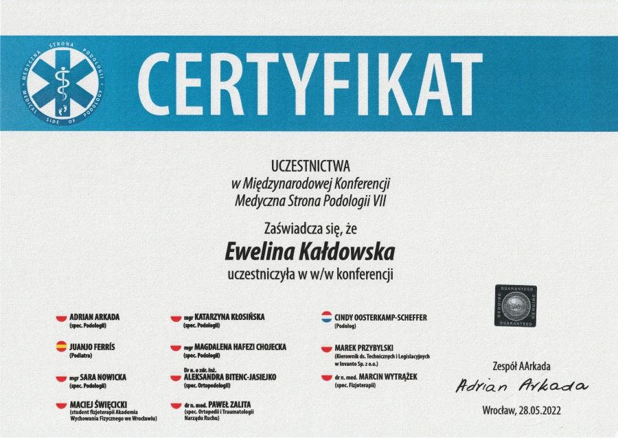 Certyfikat uczestnictwa w Międzynarodowej Konferencji Medyczna Strona Podologii VII