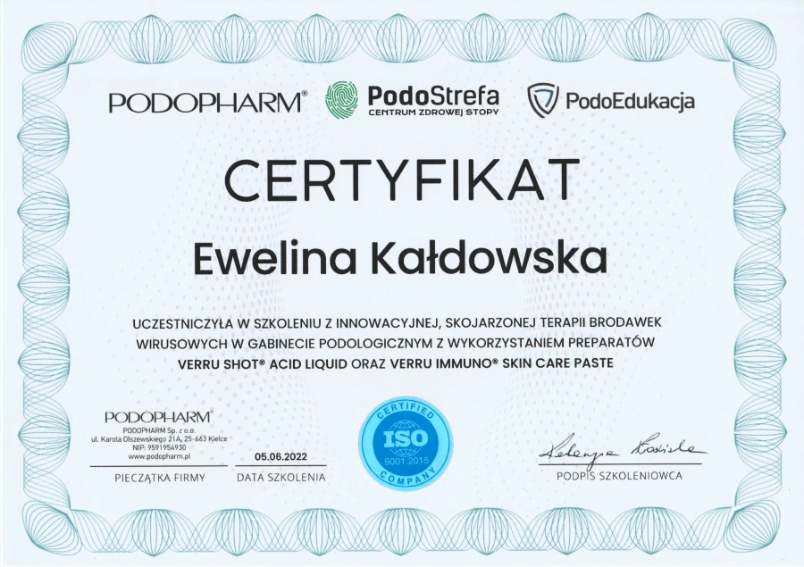 Certyfikat szkolenia "Skojarzona terapia brodawek wirusowych w gabinecie podologicznym z wykorzystaniem preparatów Verru Shot Acid Liquid oraz Verru Immuno Skin Care Paste"