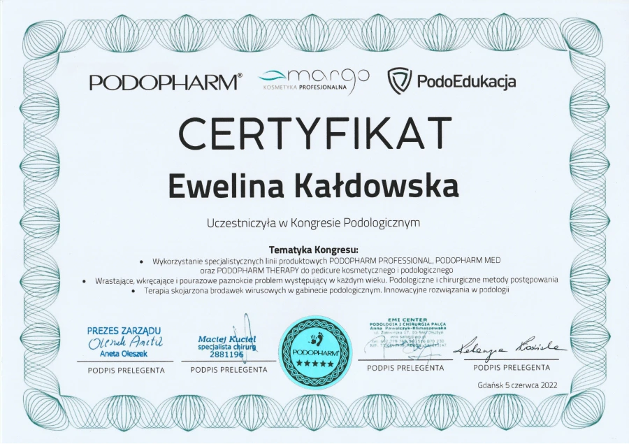 Certyfikat uczestnictwa w Kongresie Podologicznym Podopharm