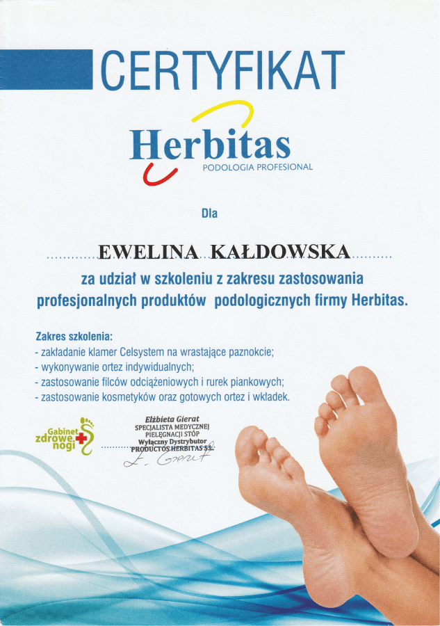 Certyfikat szkolenia Herbitas z zastosowania klamer Celsystem na wrastające paznokcie, wykonywanie ortez indywidualnych, zastosowania filców odciążeniowych i rurek piankowych, zastosowania kosmetyków, ortez i wkładek gotowych