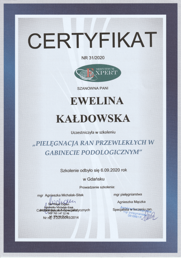 Certyfikat szkolenia "Pielęgnacja ran przewlekłych w gabinecie podologicznym"