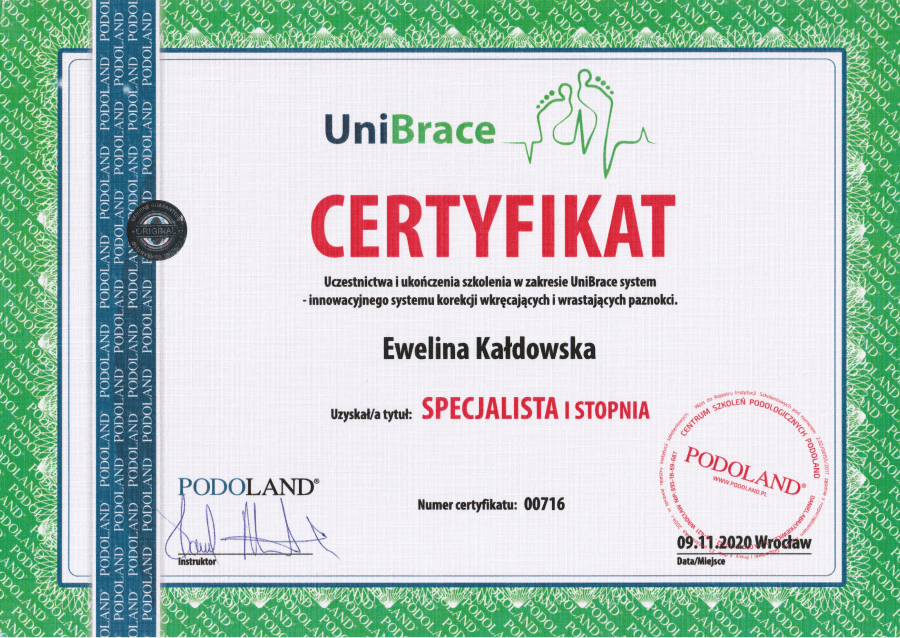 Certyfikat uzyskania tytułu Specjalisty I Stopnia w zakresie terapii wrastających i wkręcających paznokci w systemie UniBrace